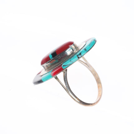 sz8 Theresa Jo Navajo sterling silver coral, turquoise inlay ring