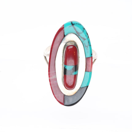sz8 Theresa Jo Navajo sterling silver coral, turquoise inlay ring
