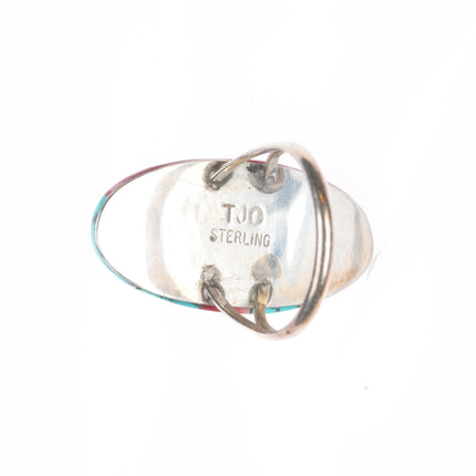 sz8 Theresa Jo Navajo sterling silver coral, turquoise inlay ring