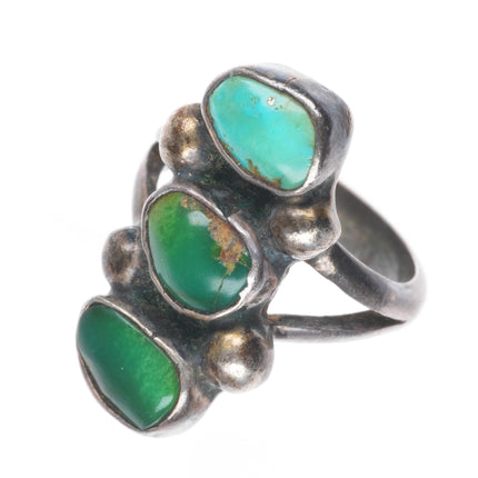 sz4.5 c1930 Navajo ingot silver stoplight 3 stone greasy green turquoise ring