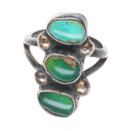 sz4.5 c1930 Navajo ingot silver stoplight 3 stone greasy green turquoise ring