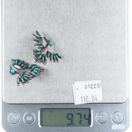 1950's Vintage Zuni thunderbird sterling silver needlepoint turquoise earrings