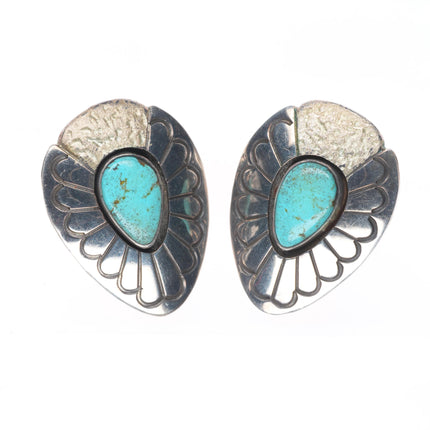 Mike Begay Vintage Navajo sterling silver and turquoise deep stamped earrings