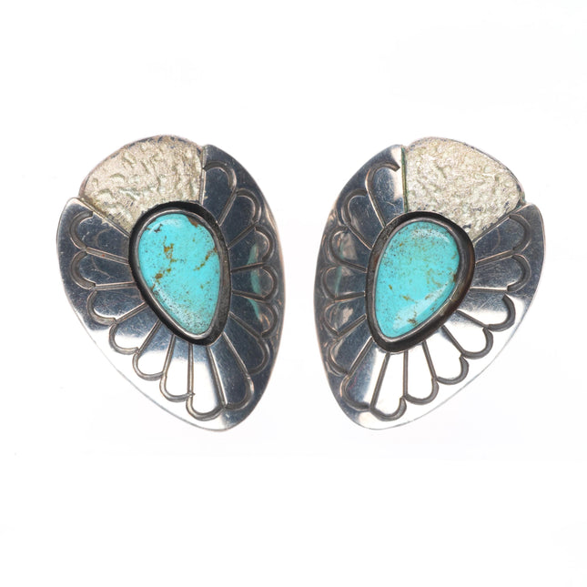 Mike Begay Vintage Navajo sterling silver and turquoise deep stamped earrings