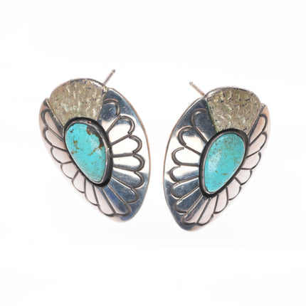 Mike Begay Vintage Navajo sterling silver and turquoise deep stamped earrings