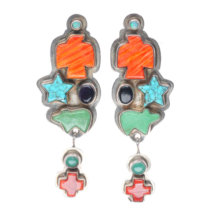 Oscar Betz southwestern sterling silver turquoise, spiny oyster dangle earrings
