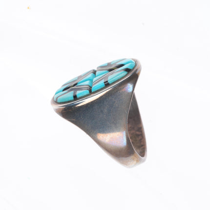 sz10 Vintage Zuni sterling silver turquoise/jet intarsia inlay men's ring