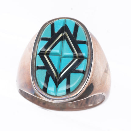 sz10 Vintage Zuni sterling silver turquoise/jet intarsia inlay men's ring