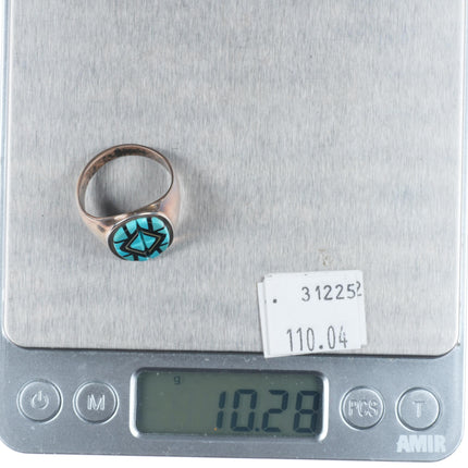 sz10 Vintage Zuni sterling silver turquoise/jet intarsia inlay men's ring