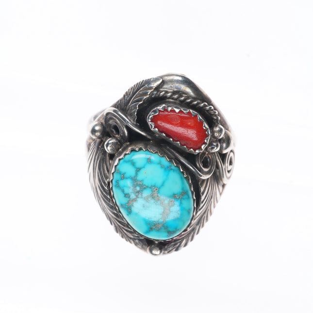 sz10.5 Vintage Justin Morris Navajo sterling silver ring w/ nice turquoise/coral
