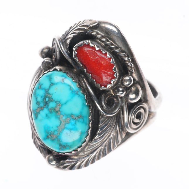 sz10.5 Vintage Justin Morris Navajo sterling silver ring w/ nice turquoise/coral