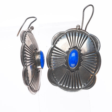 Patrick Ohlinger stamped southwestern sterling silver lapis/chalcedony earrings
