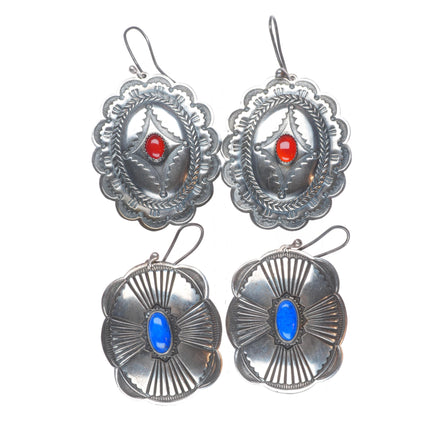 Patrick Ohlinger stamped southwestern sterling silver lapis/chalcedony earrings