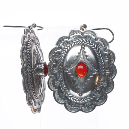 Patrick Ohlinger stamped southwestern sterling silver lapis/chalcedony earrings