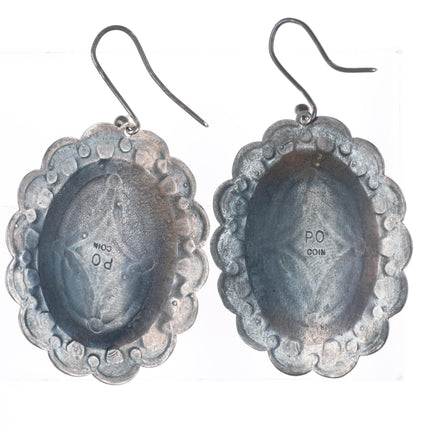 Patrick Ohlinger stamped southwestern sterling silver lapis/chalcedony earrings