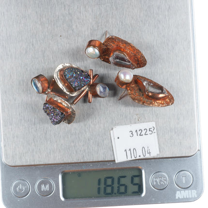 2pr retro Sterling silver, copper, pearl, crystal, labradorite earrings