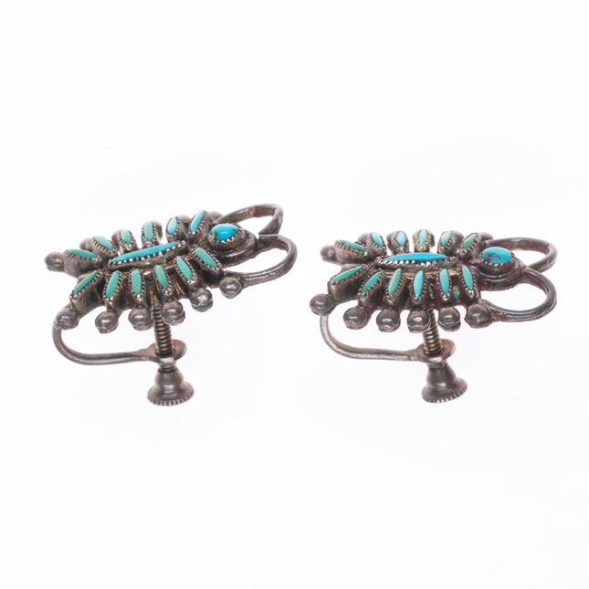 c1950's Zuni petit point turquoise Bug sterling silver screw back earrings