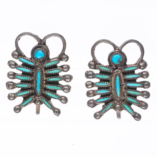 c1950's Zuni petit point turquoise Bug sterling silver screw back earrings
