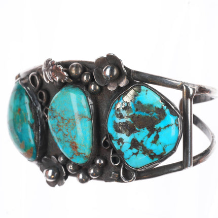 6.5" Vintage Navajo sterling silver 3 stone multi-mine turquoise cuff bracelet