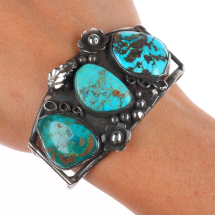 6.5" Vintage Navajo sterling silver 3 stone multi-mine turquoise cuff bracelet