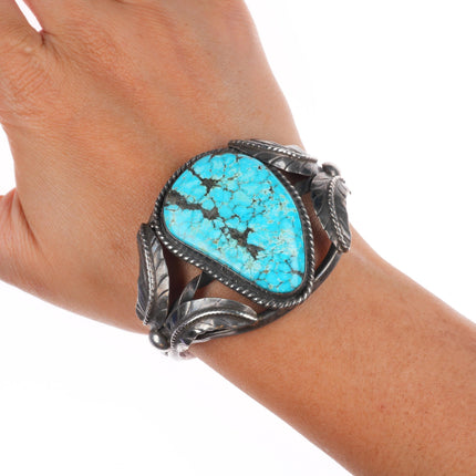 6.5" Vintage M Navajo Sterling silver large spiderweb turquoise cuff bracelet