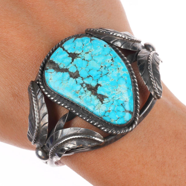 6.5" Vintage M Navajo Sterling silver large spiderweb turquoise cuff bracelet
