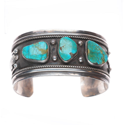 6.5" Vintage E Benally Navajo sterling silver 3 stone turquoise cuff bracelet