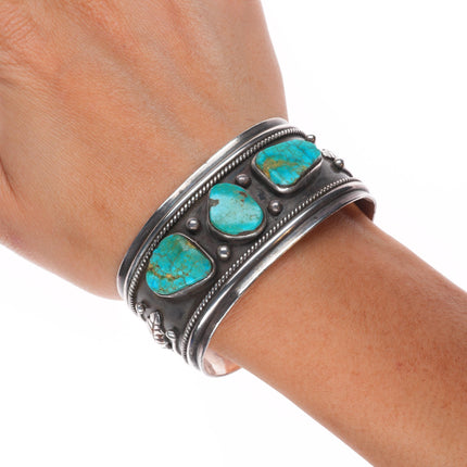 6.5" Vintage E Benally Navajo sterling silver 3 stone turquoise cuff bracelet