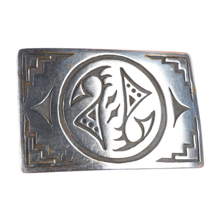 Big vintage Navajo sterling silver belt buckle w/Geometric overlay design