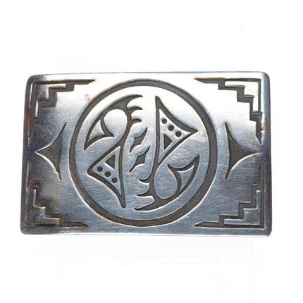 Big vintage Navajo sterling silver belt buckle w/Geometric overlay design