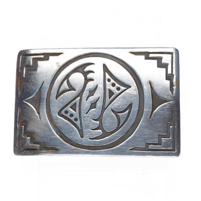 Big vintage Navajo sterling silver belt buckle w/Geometric overlay design