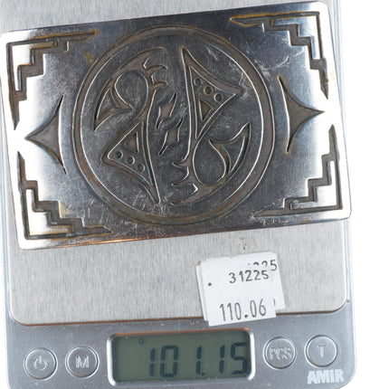 Big vintage Navajo sterling silver belt buckle w/Geometric overlay design