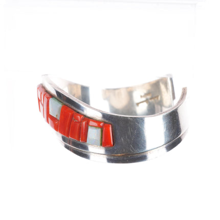 7" Norton Becenti Navajo sterling silver red coral/opal corn row cuff bracelet