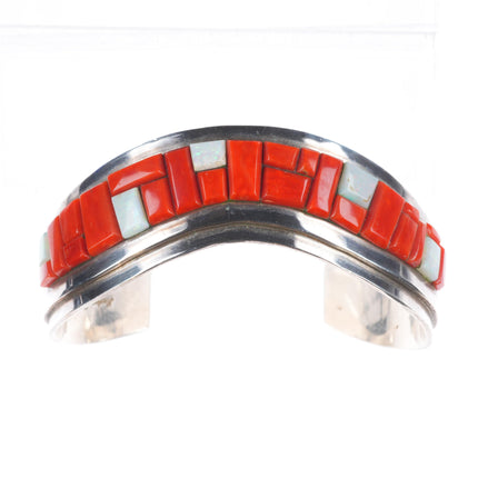 7" Norton Becenti Navajo sterling silver red coral/opal corn row cuff bracelet