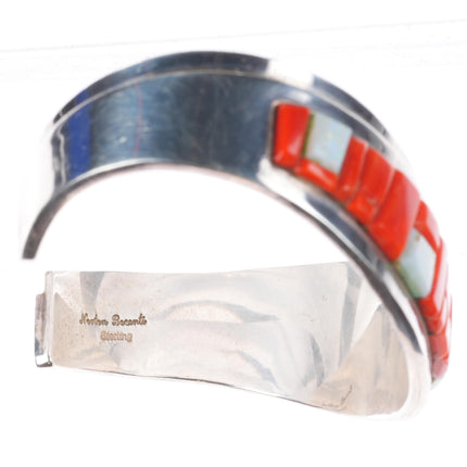 7" Norton Becenti Navajo sterling silver red coral/opal corn row cuff bracelet