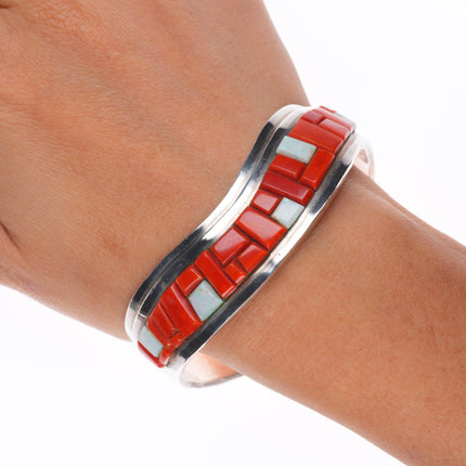 7" Norton Becenti Navajo sterling silver red coral/opal corn row cuff bracelet