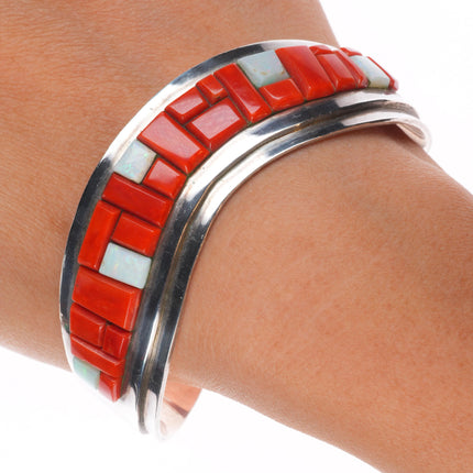 7" Norton Becenti Navajo sterling silver red coral/opal corn row cuff bracelet