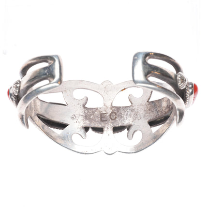 6.4" Eddie Chee Navajo sandcast sterling silver red coral cuff bracelet