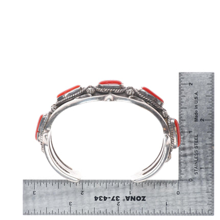 6.4" Eddie Chee Navajo sandcast sterling silver red coral cuff bracelet