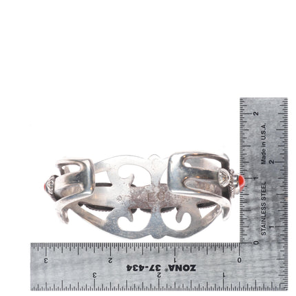 6.4" Eddie Chee Navajo sandcast sterling silver red coral cuff bracelet