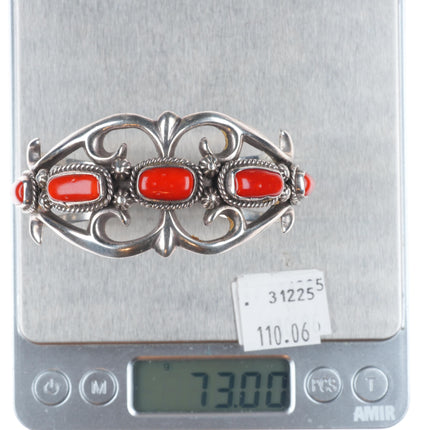 6.4" Eddie Chee Navajo sandcast sterling silver red coral cuff bracelet