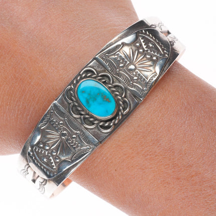7" 1940's Navajo hand stamped sterling silver cuff bracelet with turquoise