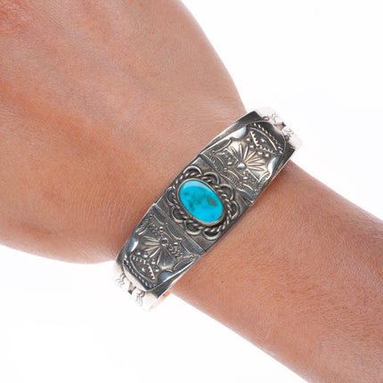 7" 1940's Navajo hand stamped sterling silver cuff bracelet with turquoise