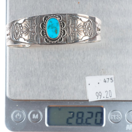 7" 1940's Navajo hand stamped sterling silver cuff bracelet with turquoise