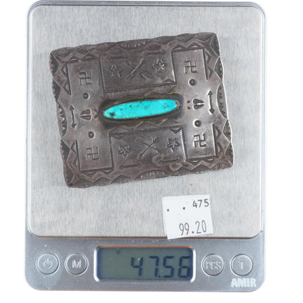 c1930 Vintage Navajo sterling silver turquoise whirling logs/arrows belt buckle