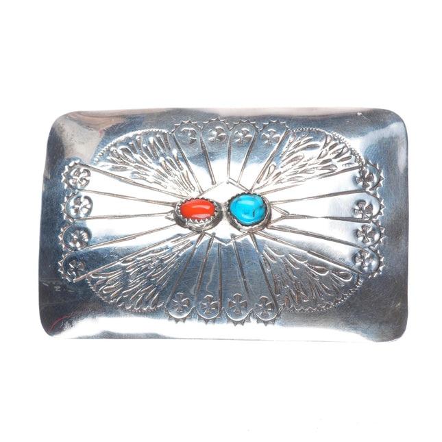 Vintage Navajo sterling silver, turquoise, coral belt buckle r