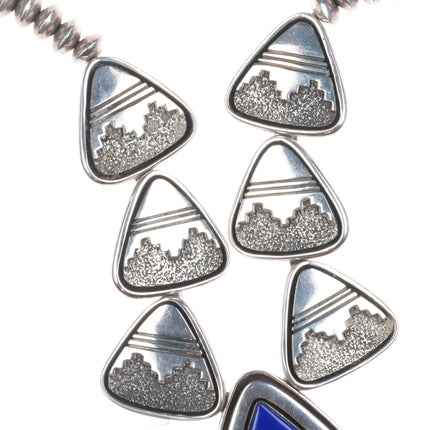 Alfred Joe Navajo Sterling silver lapis beaded necklace shadowbox/overlay design