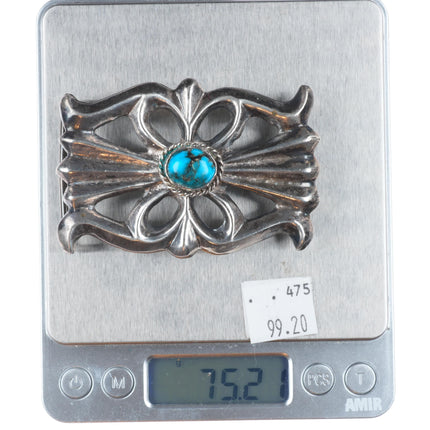 Vintage Navajo sterling silver sandcast belt buckle with turquoise t