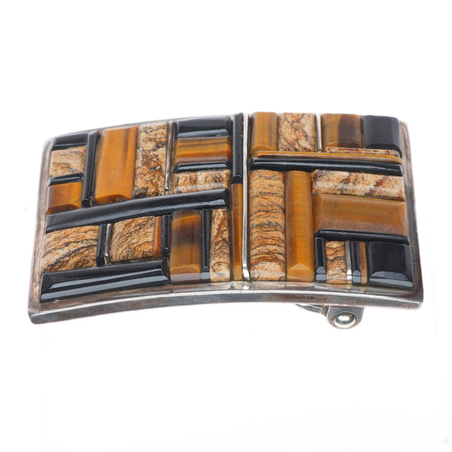 Supersmiths Navajo Black Jade, Tiger's Eye, Petrified wood sterling  belt buckle