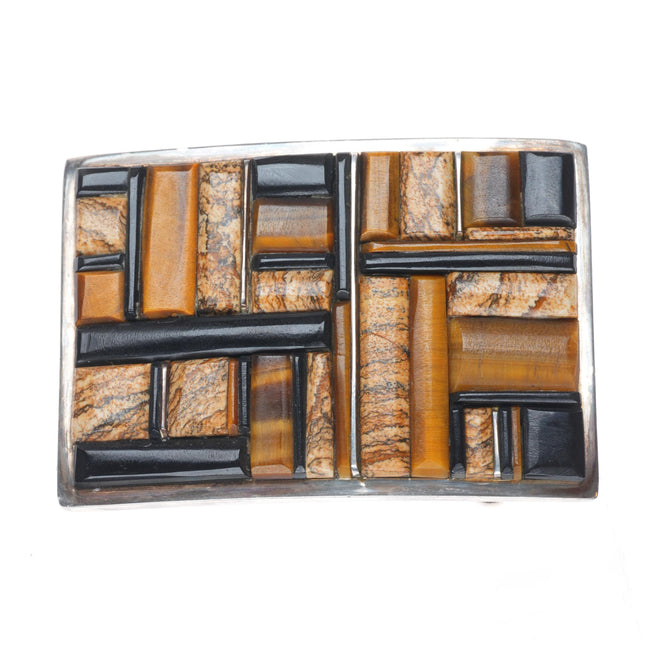 Supersmiths Navajo Black Jade, Tiger's Eye, Petrified wood sterling  belt buckle